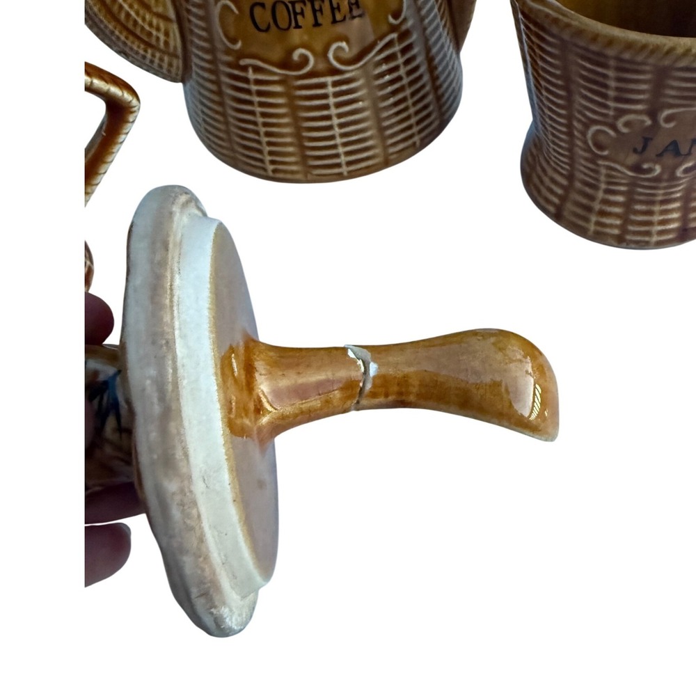 Vintage Rooster Basketweave Ceramic Coffee Pot Sugar Bowl & Jam Jar Set Brown - Picture 14 of 14